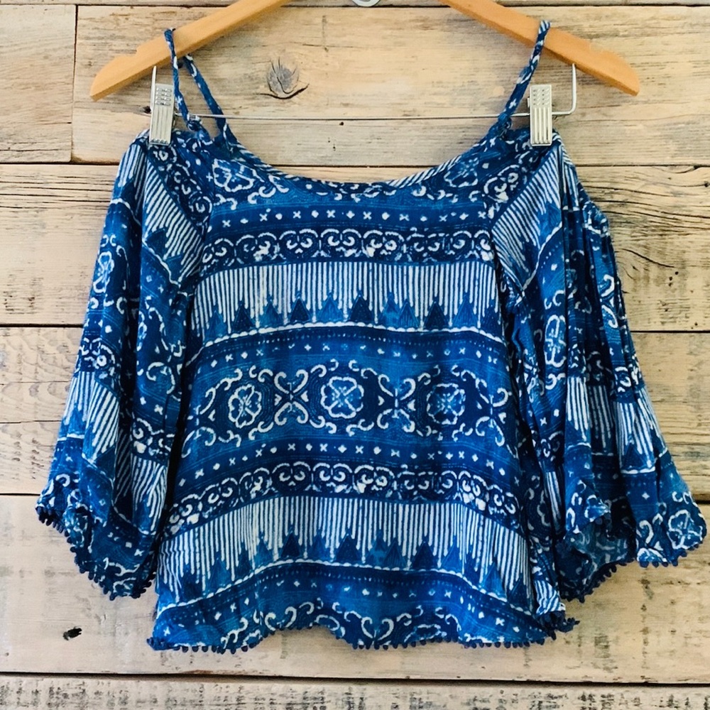 House of Harlow 1960 Off Shoulder Blue Boho Top